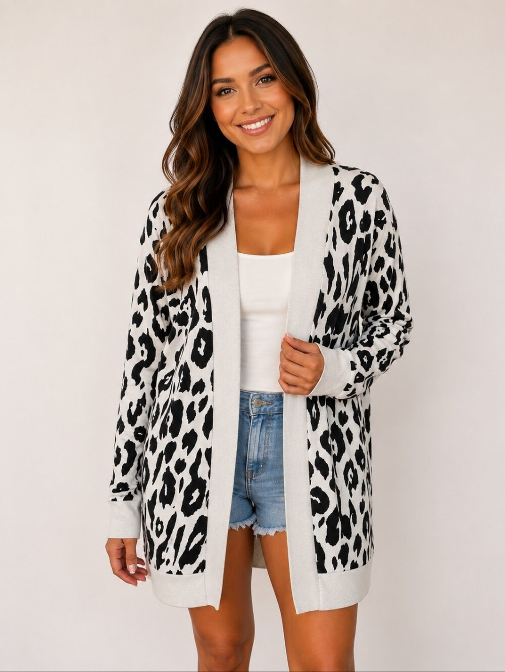 Women's XL Light Gray With Black and White Leopard Open Cardigan Sweater